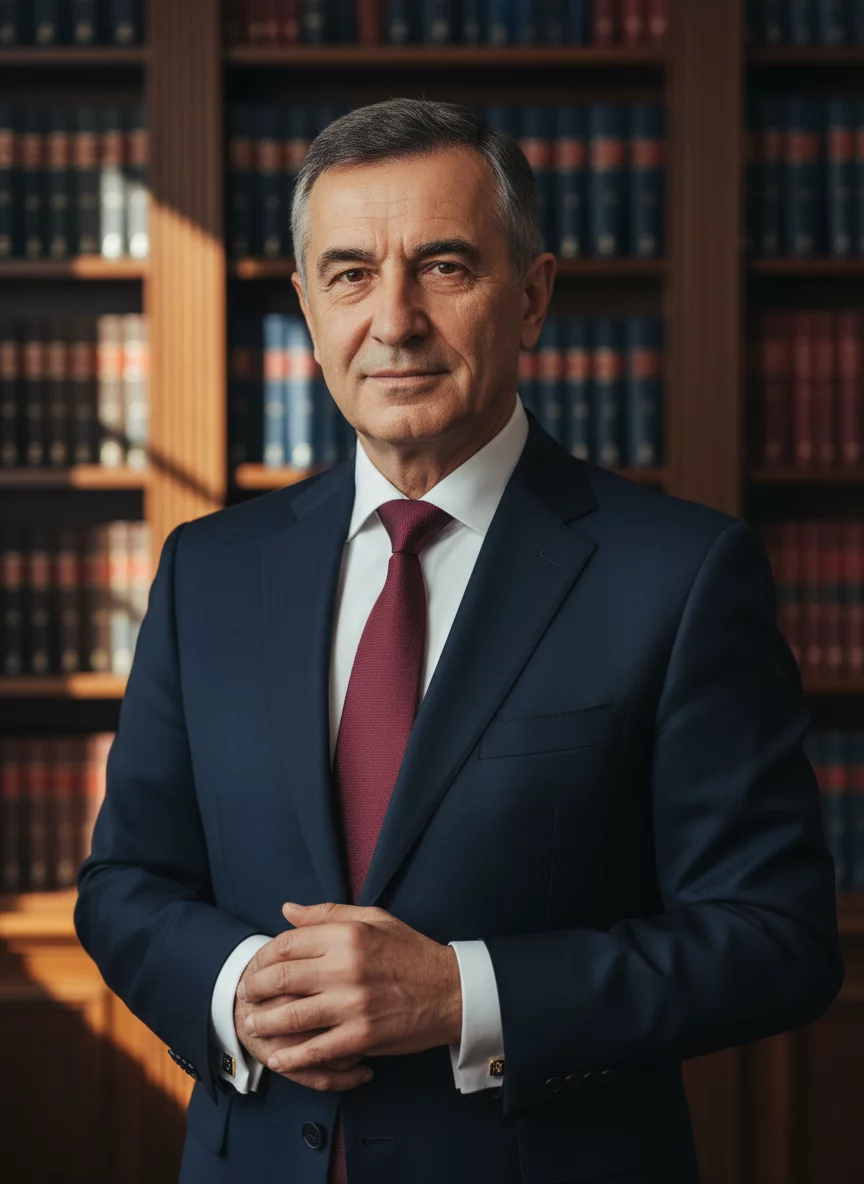 Professional Russian male senior lawyer in dark suit, mature, confident portrait