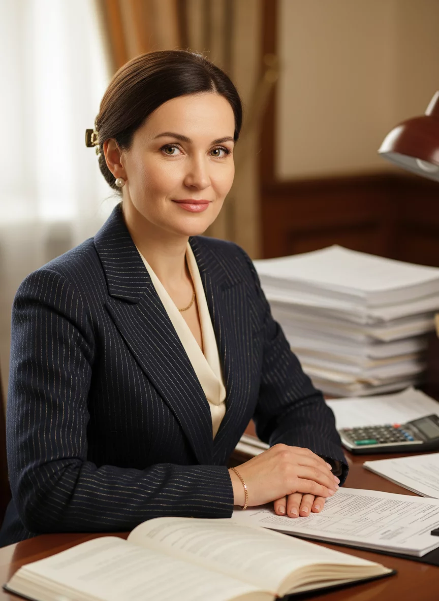 Professional Russian female accountant woman in business attire, confident portrait