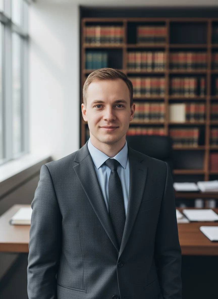 Professional Russian male young lawyer in formal suit, friendly portrait