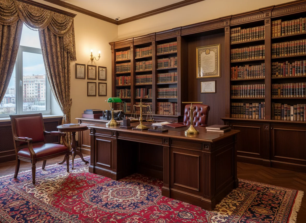 Modern professional Russian legal and accounting office with dark wood furniture and bookshelves